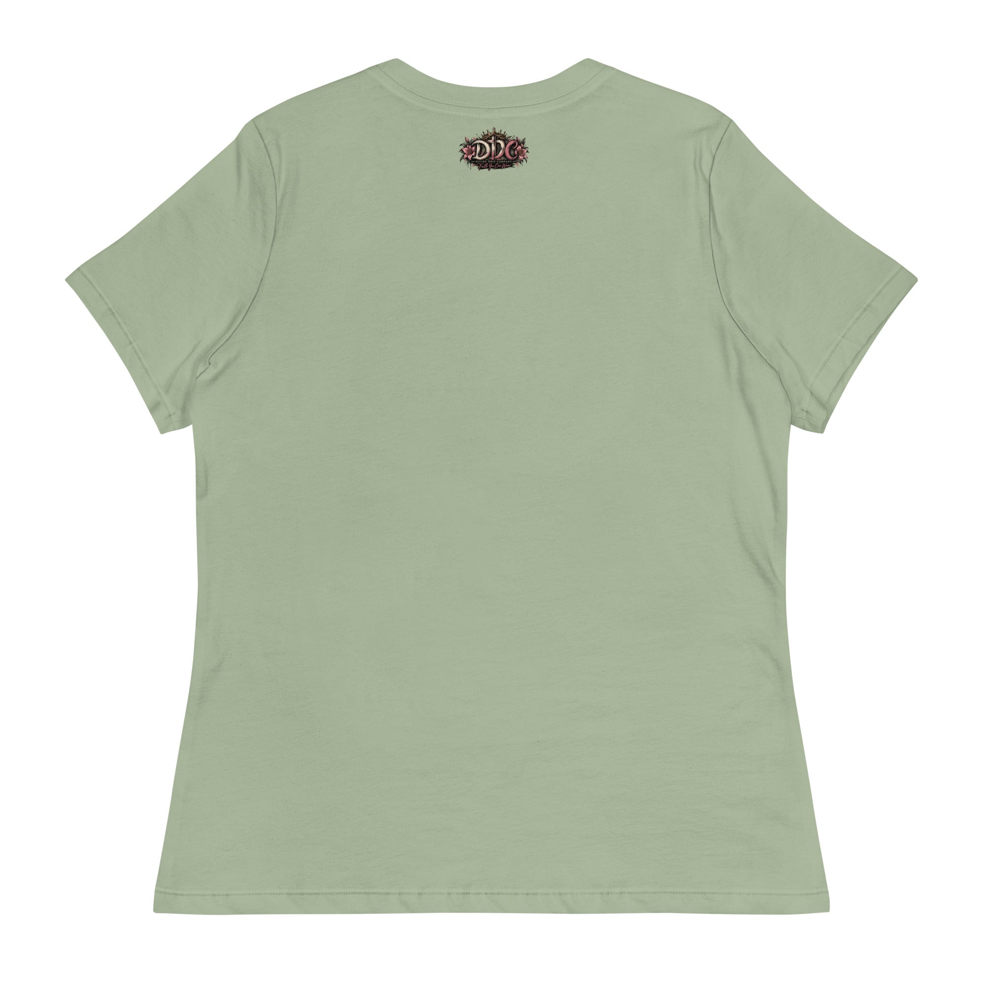 A sage green short-sleeve t-shirt shown from the back, featuring a small dark graphic logo printed at the center of the neck.