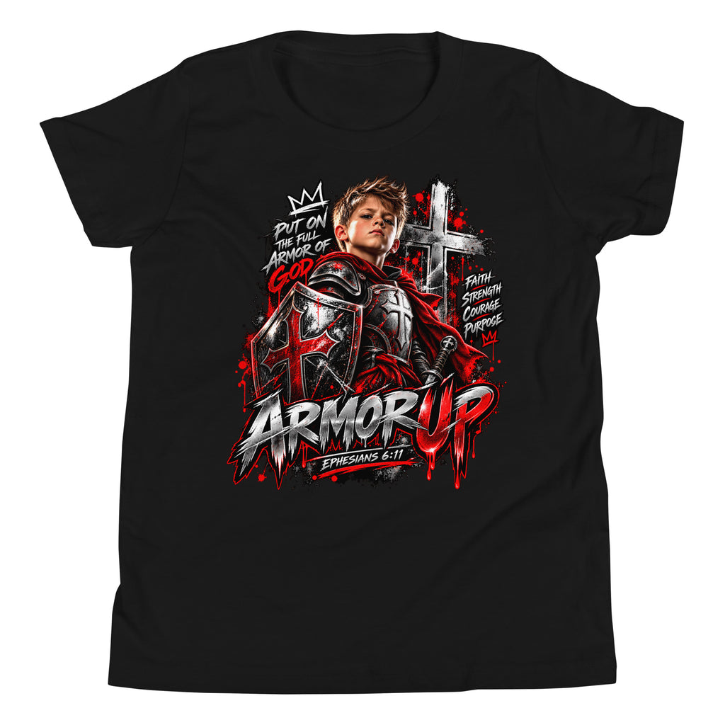A black short-sleeve crewneck t-shirt featuring a large graphic print on the front. The graphic depicts a knight in armor with a red cross shield, a silver cross, and bold text reading 'ARMOR UP' and 'ESPADANS 6.